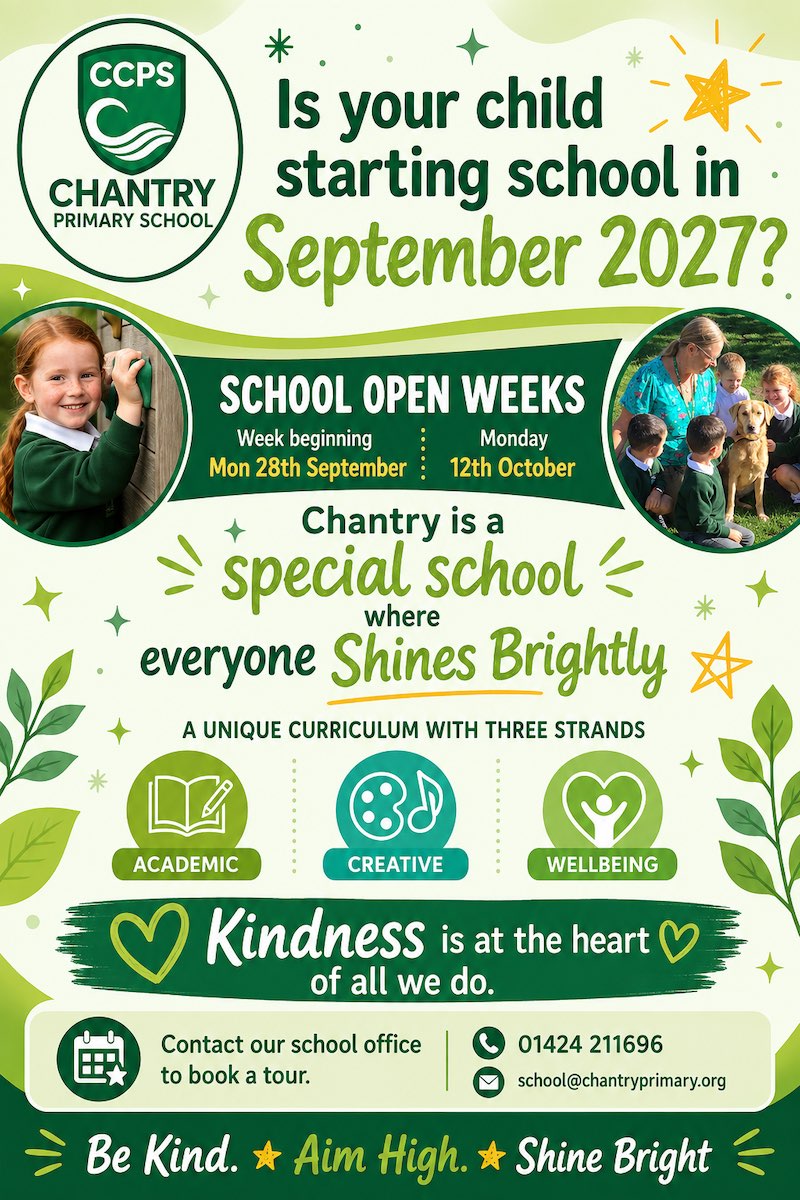 Is your child starting school in September 2027? - School Open Weeks: Week beginning 28th September and Monday 12th October. Contact our school office to book a tour. 01424 211696 or school@chantryprimary.org